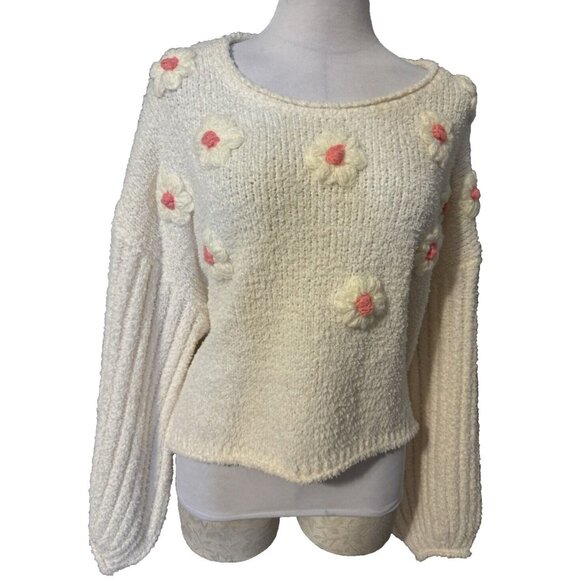 Anthropologie POL Sweater Top Medium M Cream Pink Flower Puffs Washable NEW - Picture 2 of 13